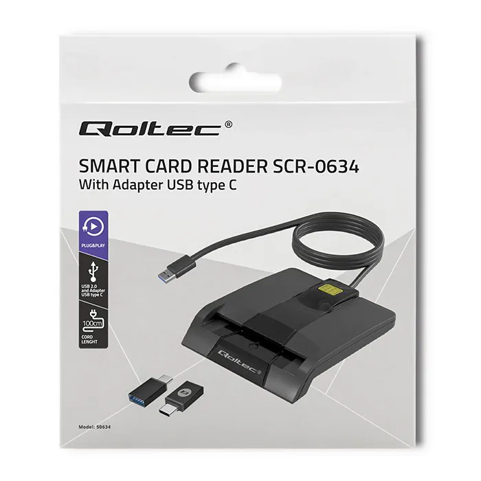 Qoltec 50634 Išmanusis Smart ID lustinių kortelių skaitytuvas SCR-0634 | C tipo USB