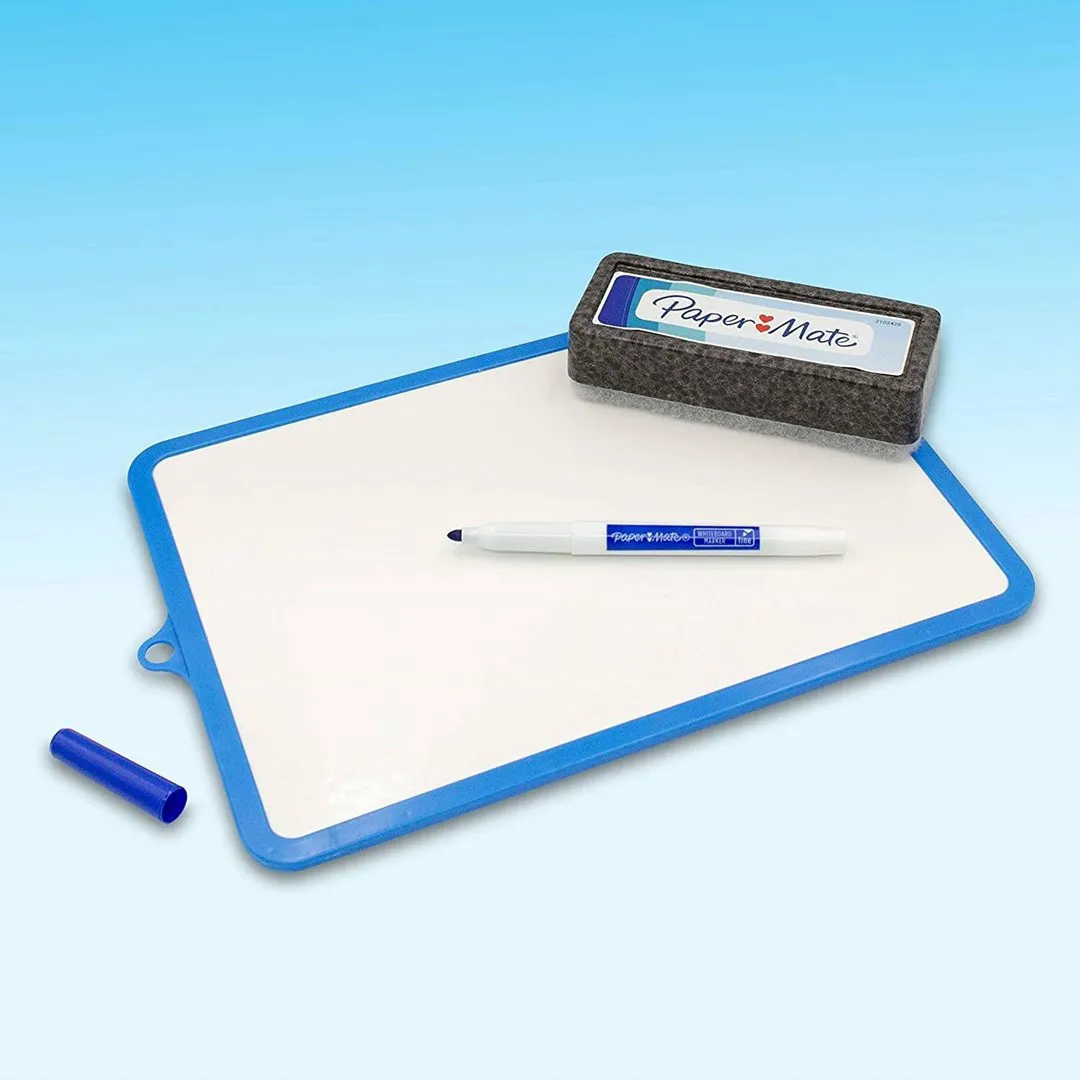 Baltos lentos sausų trinamų žymeklių rinkinys Paper mate + baltoji lenta + kempinėlė