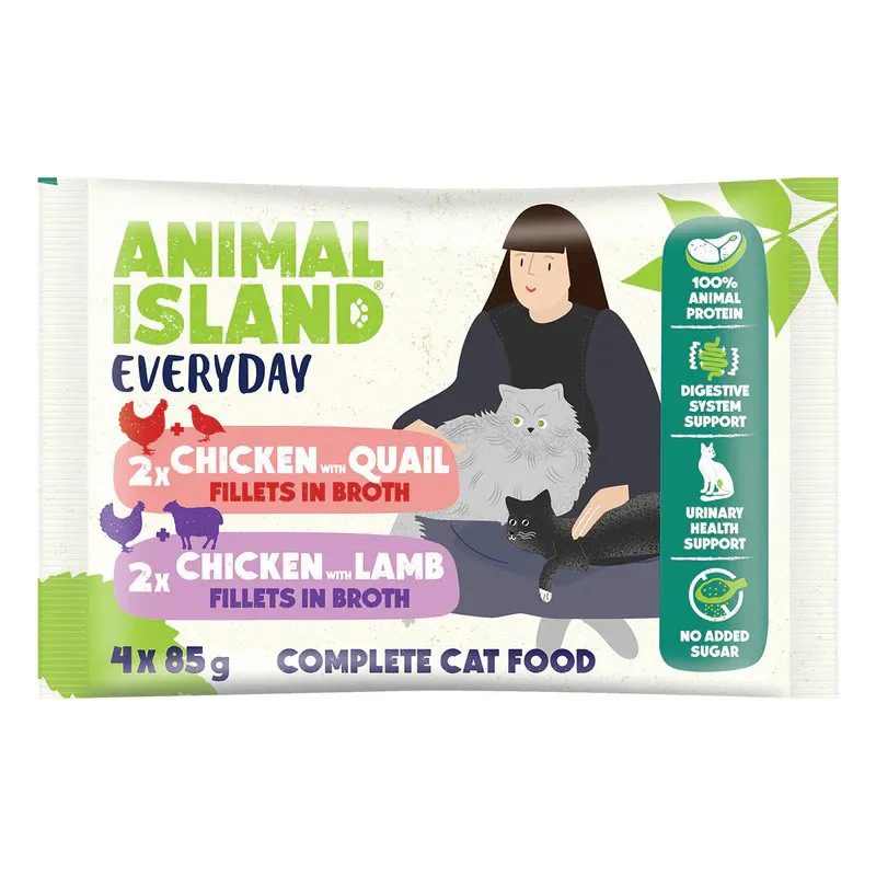 ANIMAL ISLAND Chicken / Quail & Chicken / Lamb Fillets in broth- šlapias kačių maistas - 4x85g