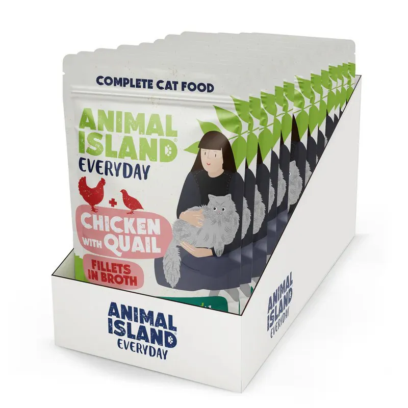 ANIMAL ISLAND Chicken with quail Fillets in broth - šlapias kačių maistas - 12x85g