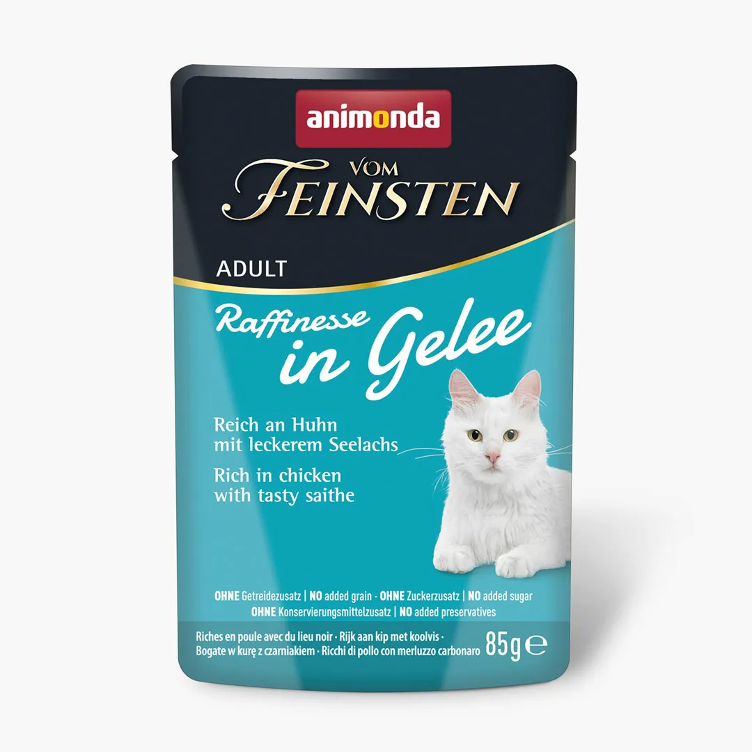 ANIMONDA Vom Feinsten Adult Raffinesse želėje, turtingas vištiena su juoduoju menke - šlapias maistas katėms - 85g