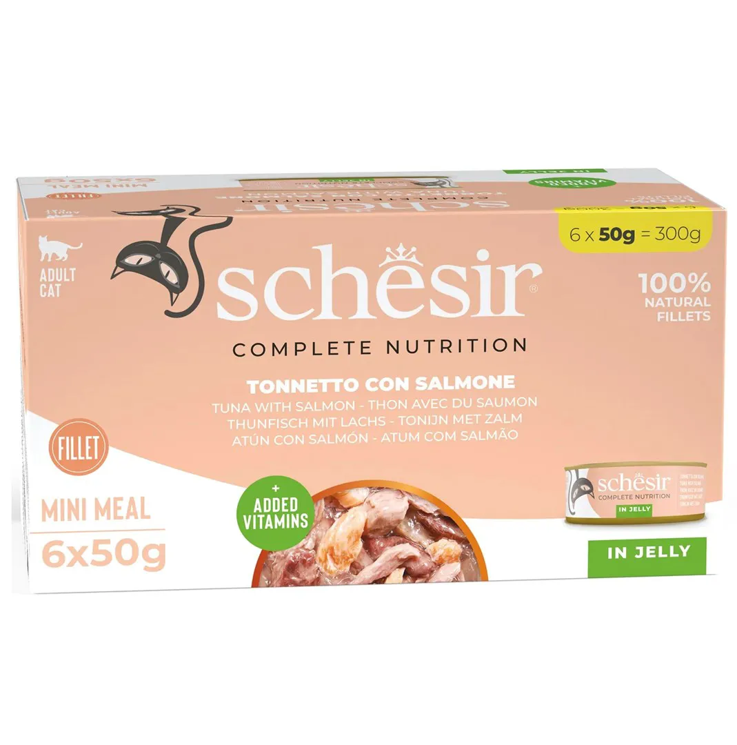 SCHESIR Tunas su lašiša želė - šlapias kačių maistas - 6x50g