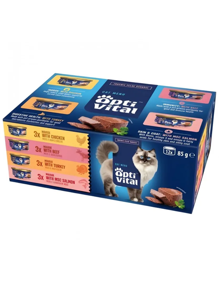 OPTIVITAL Mousse Beef, chicken, turkey, salmon - šlapias kačių maistas - 12x85g