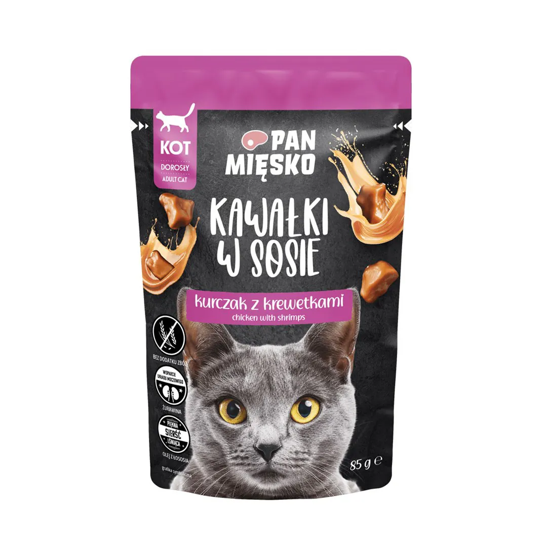 PAN MIĘSKO Pieces in sauce Chicken with shrimps - šlapias kačių maistas - 85g