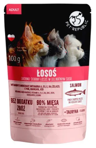 PET REPUBLIC Adult Lašiša smulkiai supjaustyta - drėgno kačių ėdalo- 100 g