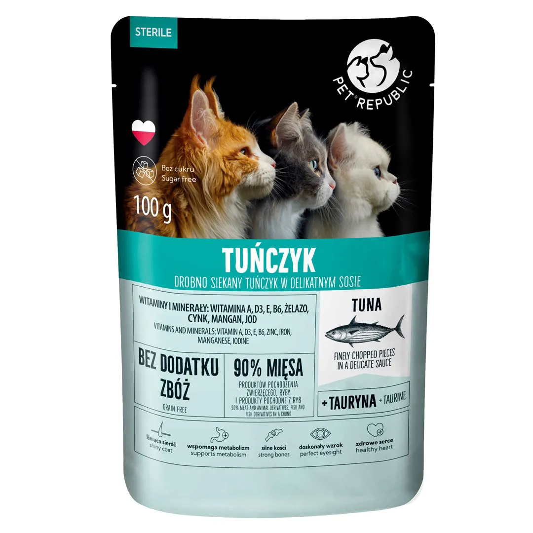 PET REPUBLIC Steril Smulkiai pjaustytas tunas padaže - drėgno kačių ėdalo - 100 g