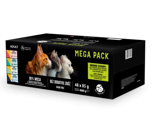 PETREPUBLIC Mega Pack Salmon, Chicken, Tuna, Cod, Trout - šlapias kačių maistas - 48x85g