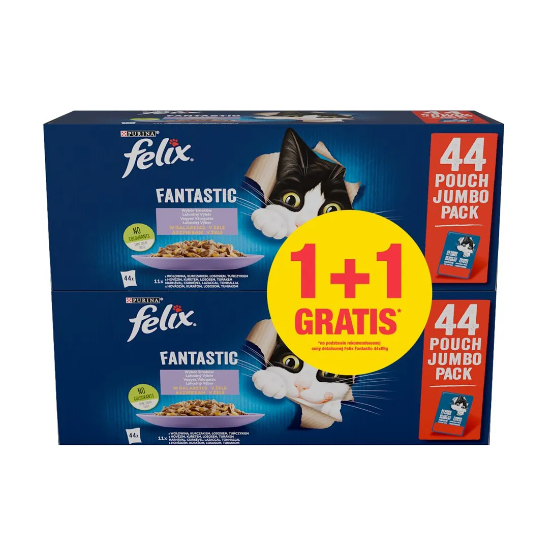 PURINA Felix Fantastic Selection of flavors in jelly - šlapias kačių maistas - 44x85g + 44x85g GRATIS