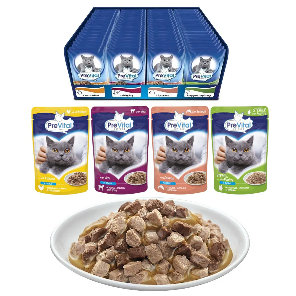 PREVITAL Kačių maistas Mišinys 4 Skoniai Vištiena, Veršiena, Lašiša, Paukštiena – šlapias maistas katėms – 96 x 100 g