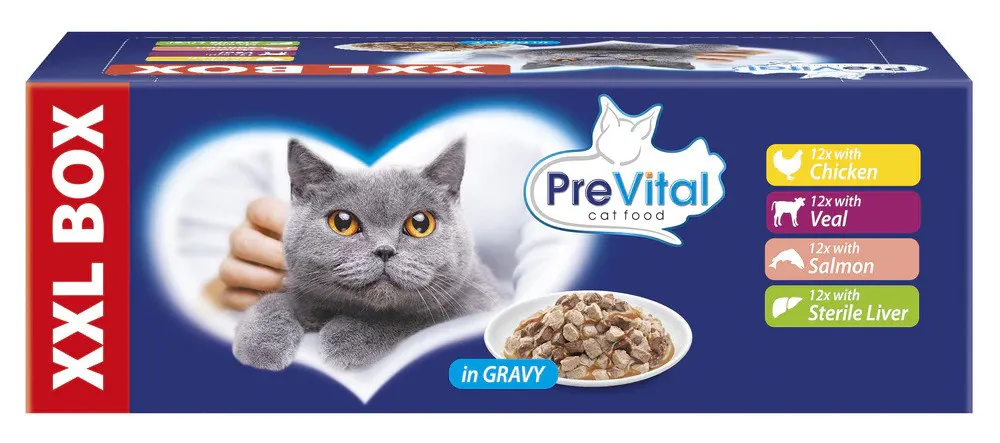 PREVITAL XXL BOX Skonių Mišinys su Vištiena, Veršiena, Lašiša ir Kepenimis padaže - šlapias kačių maistas - 48 x 100g