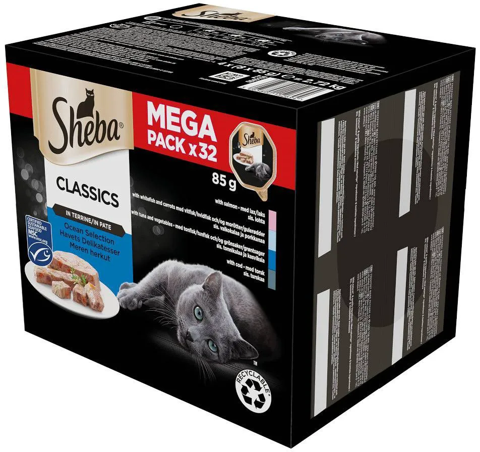 SHEBA Classics Ocean Selection Pate White Fish, Cod, Salmon, Tuna - cibo umido per gatti - 32x85 g