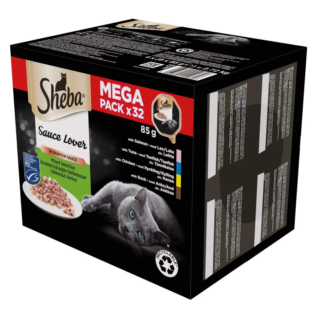 SHEBA Sauce Lover Duck, Chicken, Salmon, Tuna – šlapias kačių maistas – 32 x 85 g