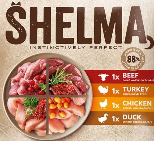 SHELMA Rich in chicken, turkey, beef and duck - šlapias kačių maistas - 4x85g