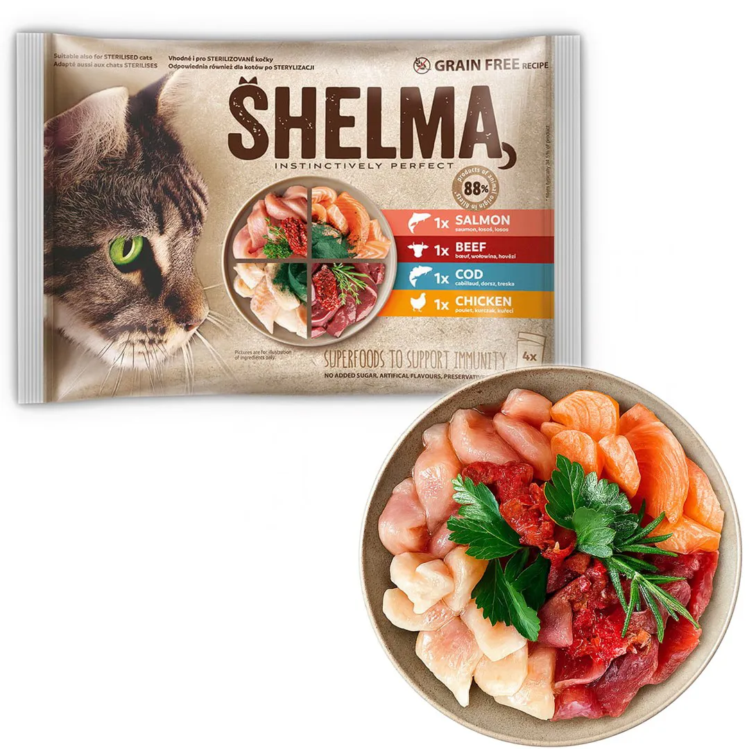 SHELMA Rich in salmon, cod, beef and chicken - šlapias kačių maistas - 4x85g