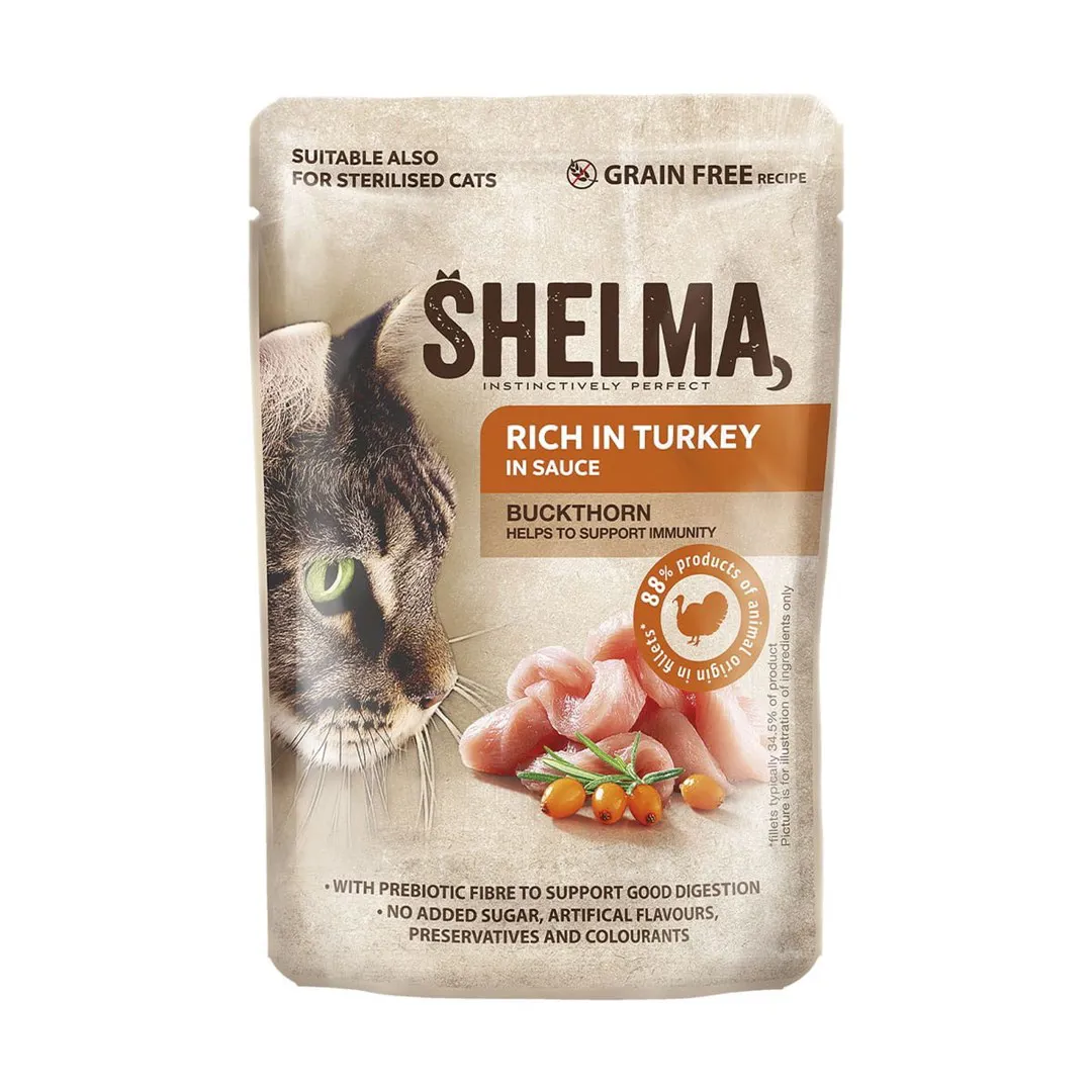 SHELMA with turkey, duck, chicken and beef in sauce - šlapias kačių maistas - 12x85g