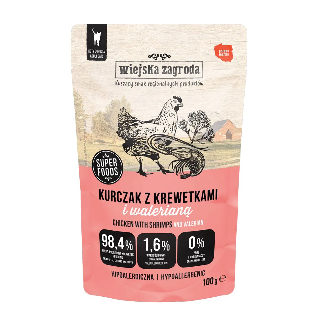 WIEJSKA ZAGRODA Vištiena su krevetėmis ir valerijonu – Drėgnas kačių maistas – 100g