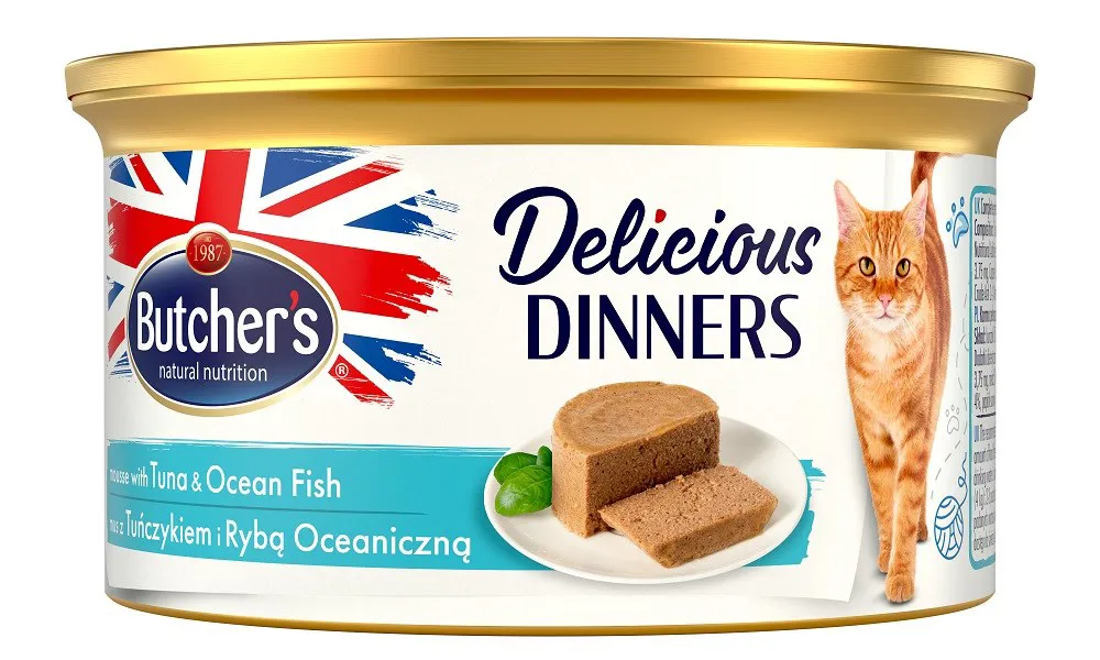 BUTCHER'S CLASSIC DELICIOUS DINNERS Šlapias kačių maistas Putos Tunai ir jūrinės žuvys 85 g