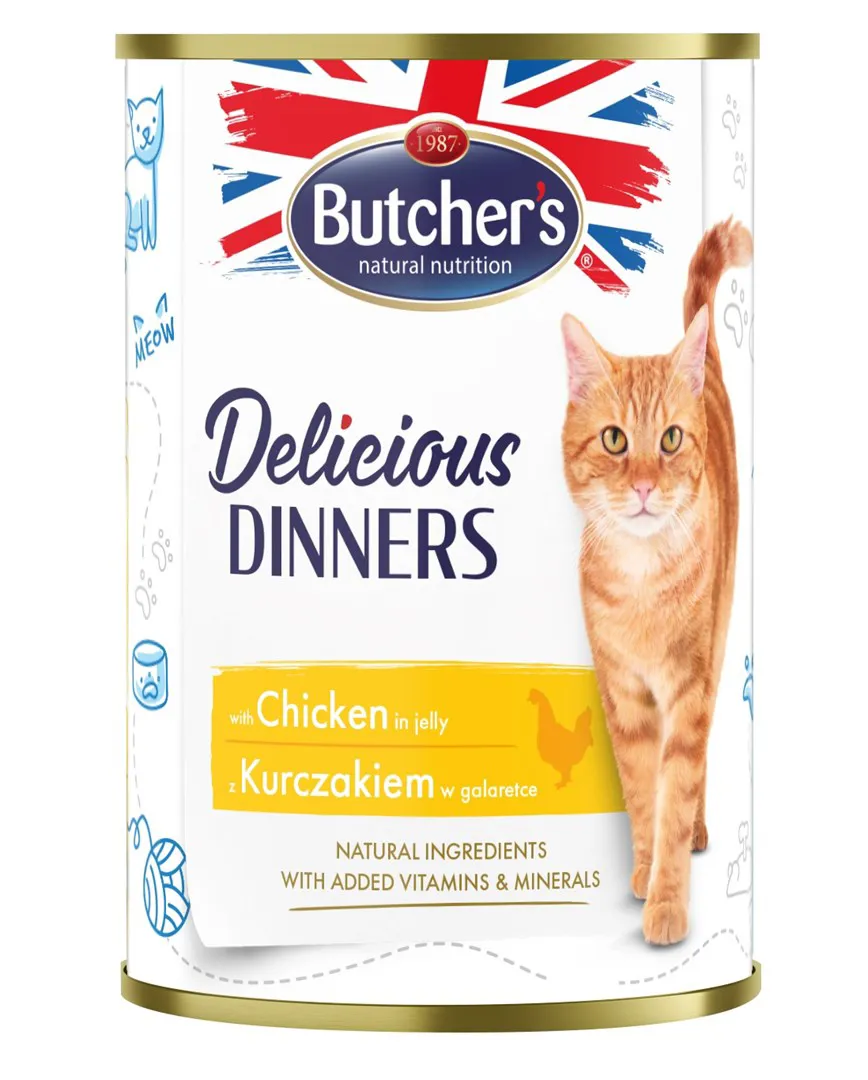 BUTCHER'S Delicious Dinners Vištienos gabalėliai drebučiuose - drėgnas kačių maistas - 400g