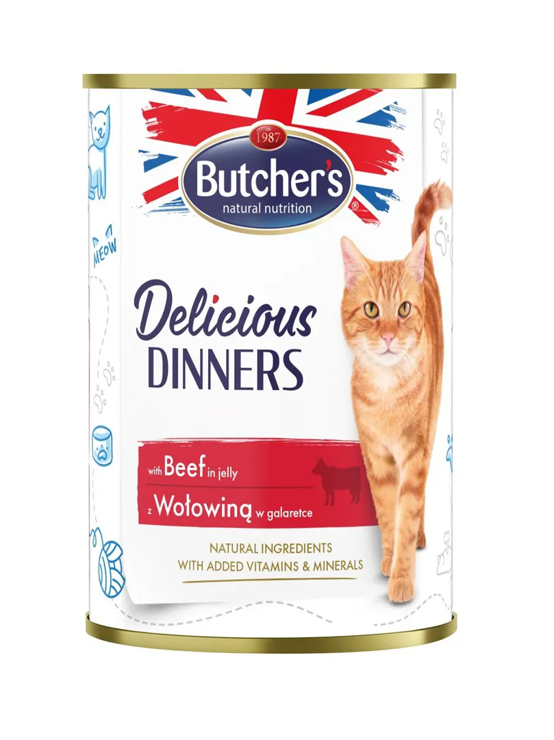 BUTCHER'S Delicious Dinners Jautienos gabalėliai drebučiuose - drėgnas kačių ėdalas - 400g