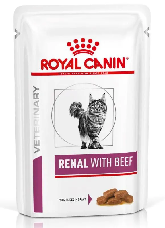 ROYAL CANIN Vet Renal Feline with Beef Šlapias kačių maistas Gabalėliai padaže Vištiena, Kiauliena, Jautiena 12x85 g